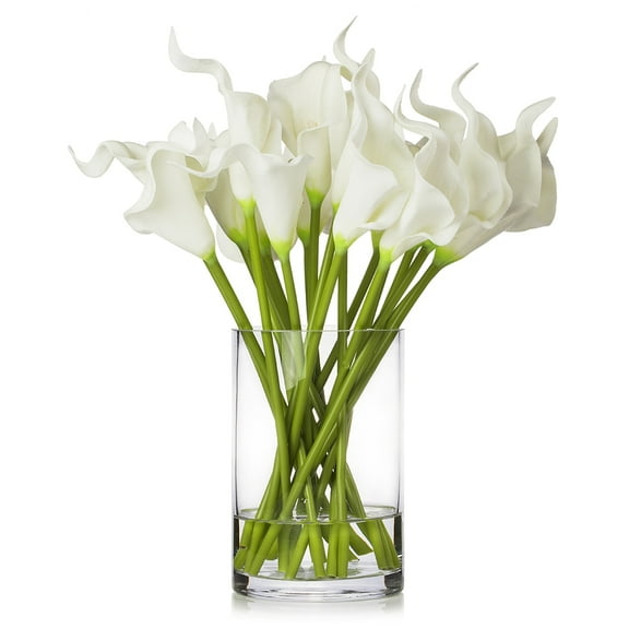 Enova Home 20 Pieces Artificial Flowers Real Touch Lily Fake Silk Flowers Arrangement in Cylinder Glass Vase with Faux Water for Home Office Wedding Event Decoration(White)