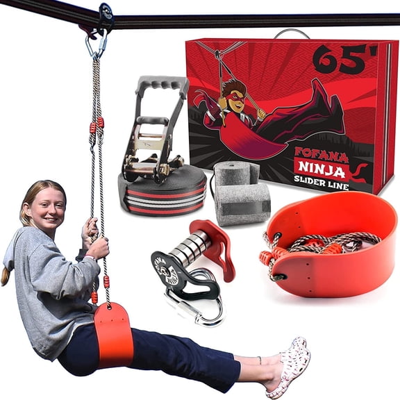 Fofana Original Ninja Slider Zip Line Kit 65 Ft Backyard Slackline Swing Set for Kids & Adults