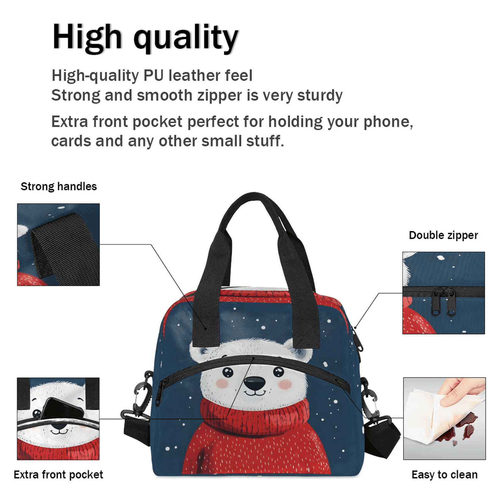 Herdesigns Cartoon Lunch Bag for Women Men Adult, Bear Large Insulated Reusable Lunch Box Leakproof Portable Cooler Tote Bags for Work Picnic Beach