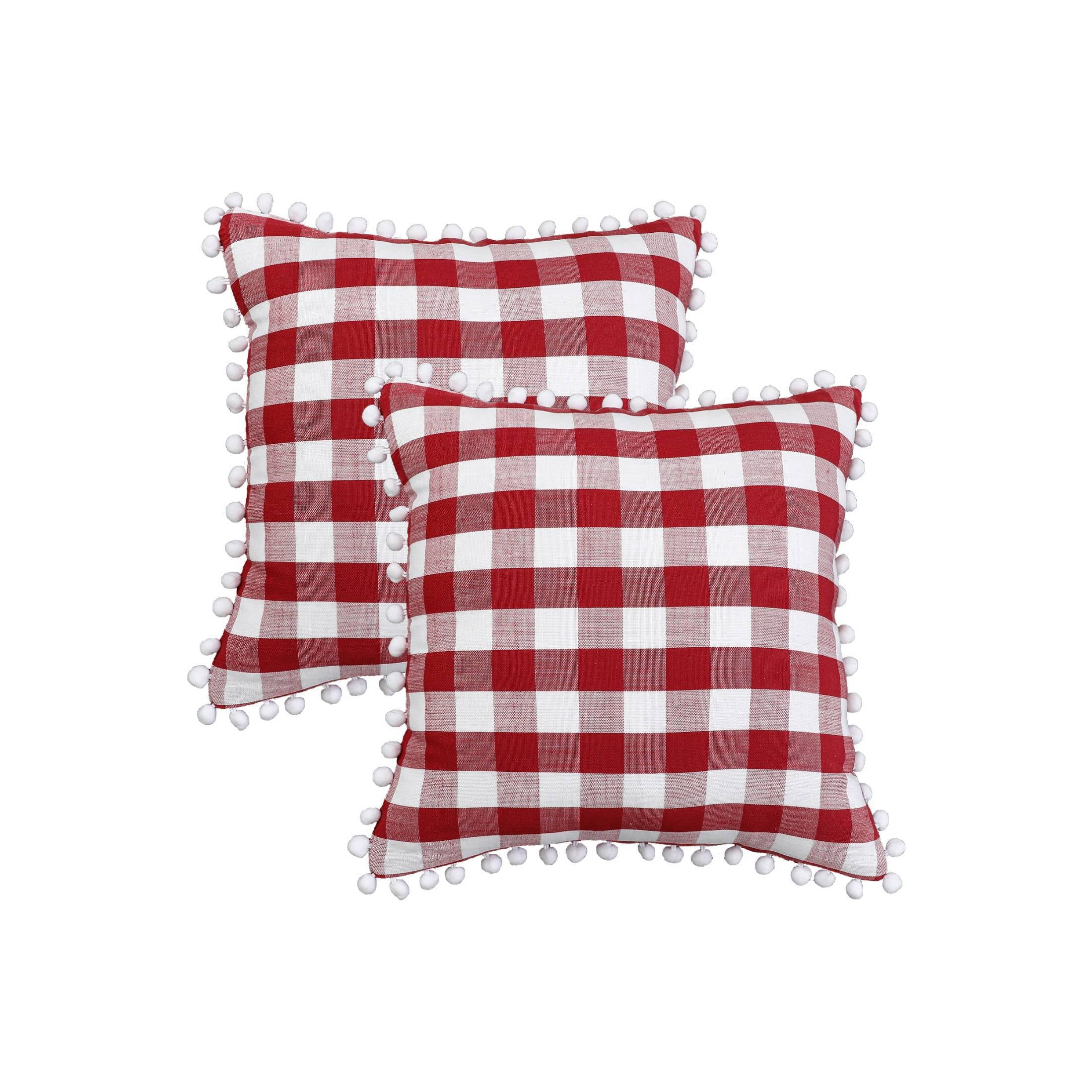 Bohogeo Throw Checkered Holiday Print Xmas Red Plaid Pillow Covers with Pompoms 20 x 20 Pack of 2 Walmart