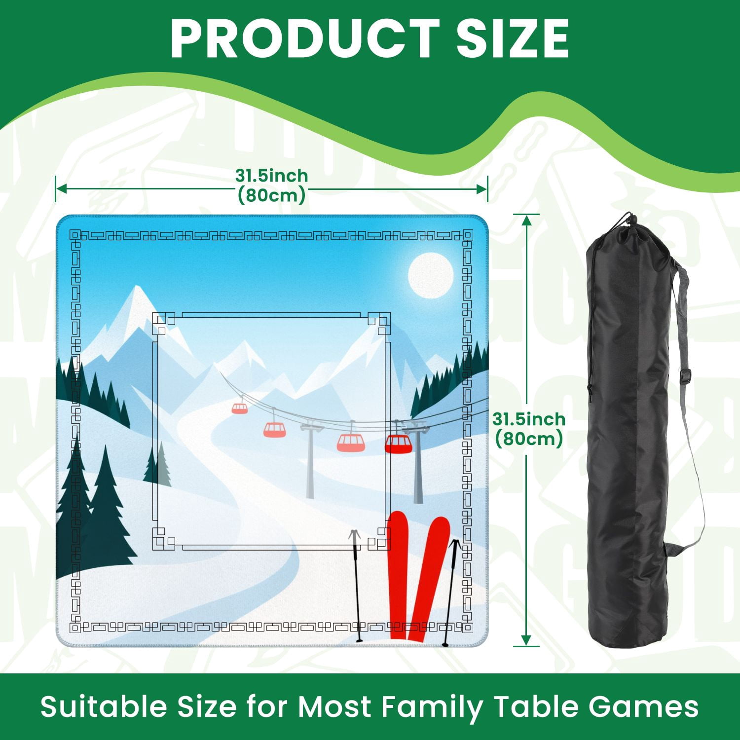 Mahjong Mat 31.5" x 31.5" Winter mountain landscape pair skis snow ski lift Non-Slip Noise Reduction American Mahjong Tiles Table Cover for Dominoes Poker Card Board Games Gift