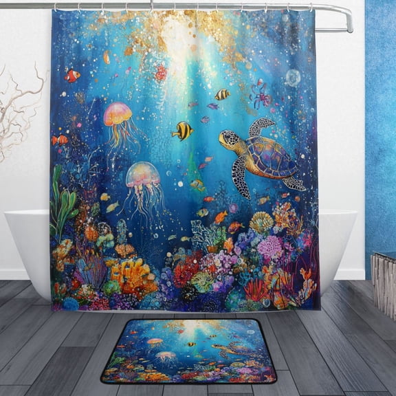 TTYFWHD 60" x 72" Shower Curtain and Bath Mat Set Tropical Marine Life Waterproof Bathroom Curtain with 12 Hooks, Bathroom Decor Set