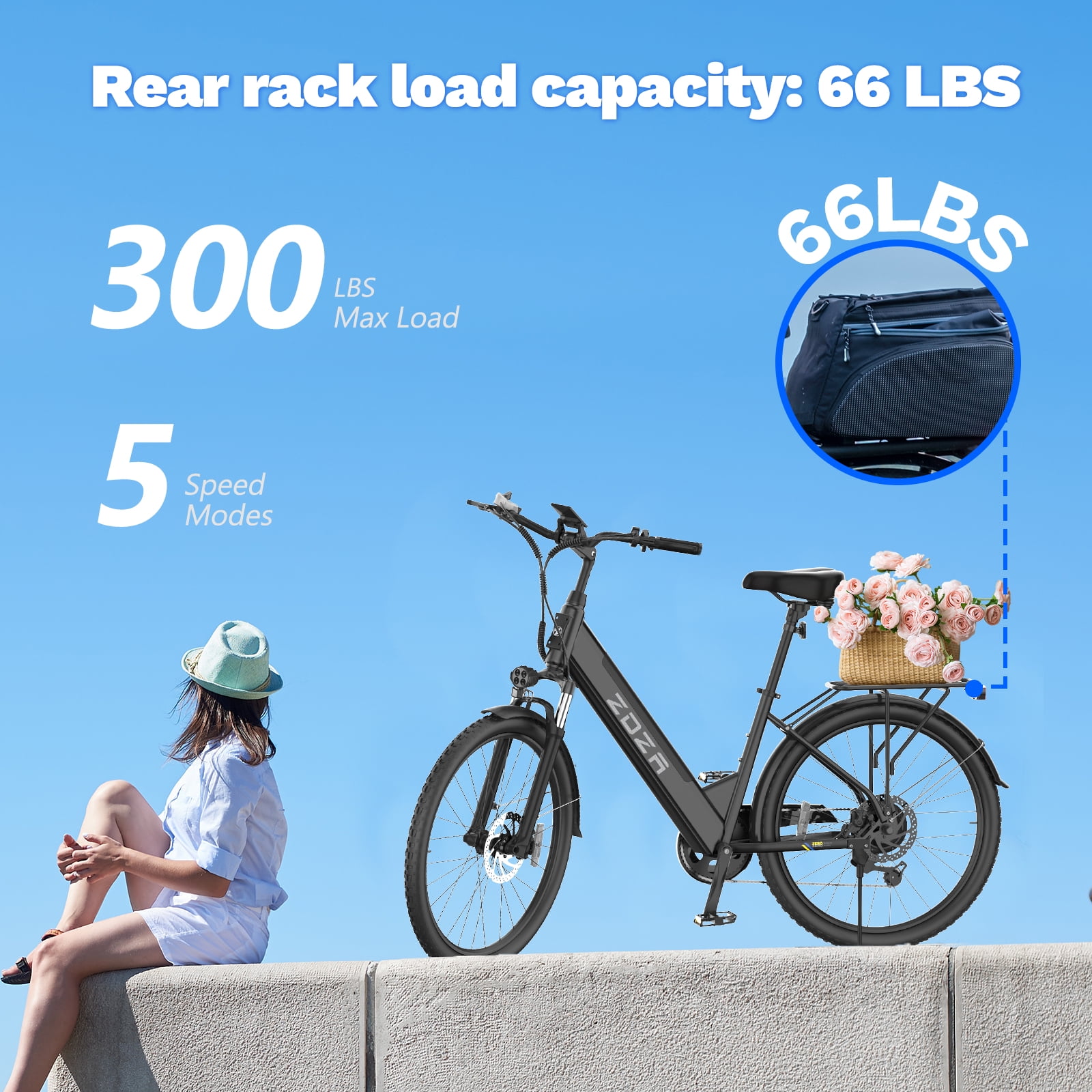 ZDZA Electric Bike for Adults 26”, 750W Peak Motor Ebike for Woman, 48V Removable Battery, 7 Speed Step-thru Electric Bicycle with Rear Shelf UL2849