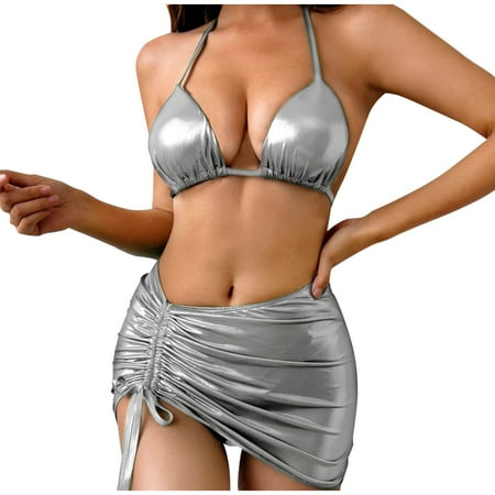 Dezsed Women s 3 Piece Swimsuits Sexy Bikini Sets Thong Bathing Suit with Mesh Cover Up Beach Skirt Clearance Silver XL
