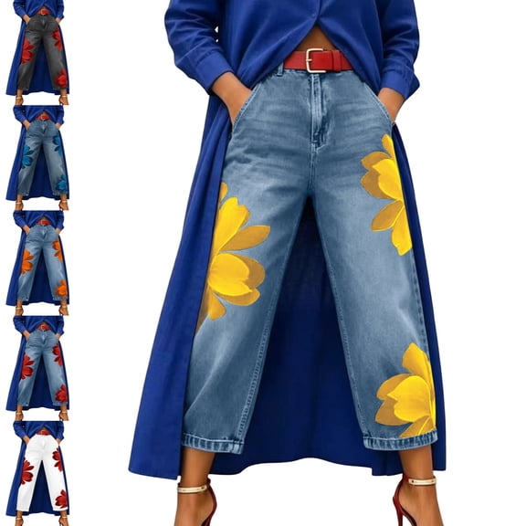 Levmjia Women's Wide Leg Floral Print Jeans High Waisted Baggy Denim Pants Vintage Loose Fit Trousers with Pockets for Women