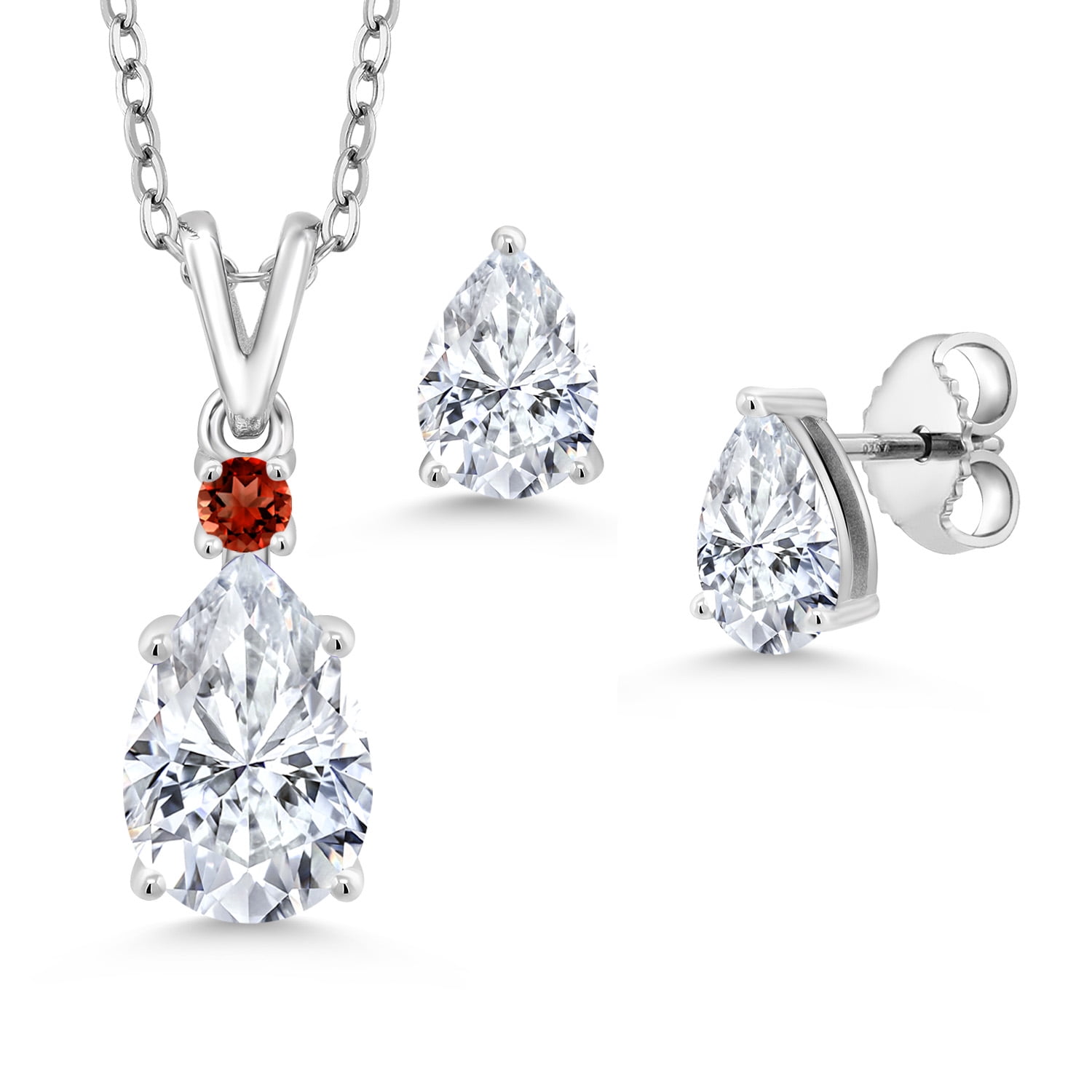 Gem Stone King 925 Sterling Silver White Moissanite and Red Garnet Pendant and Earrings Jewelry Set for Women (3.38 Cttw, Gemstone Birthstone, Pear Shape 10X7MM and 7X5MM, with 18 inch Chain)