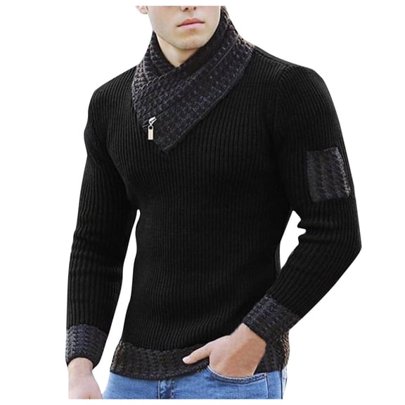 VNKIDY Men's Sweater Coat Autumn Winter Slim Fit Solid Color Ribbed Knit Sweater Long Sleeve Asymmetrical Collar Contrast Patch Detail Thermal Jumper For Cold Weather Holiday Knitwear