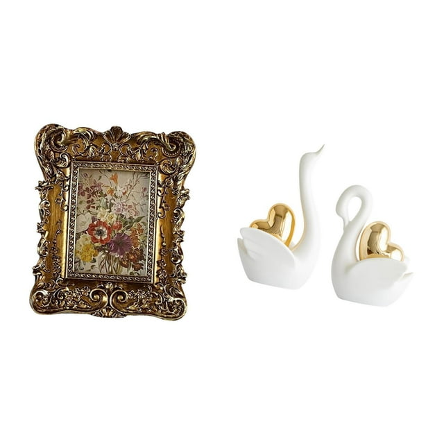 Marco de fotos de cisne floral tallado a mano, soporte de fotos antiguo, arte de mesa montado en la pared, artesanía, decoración para pareja, para ofi