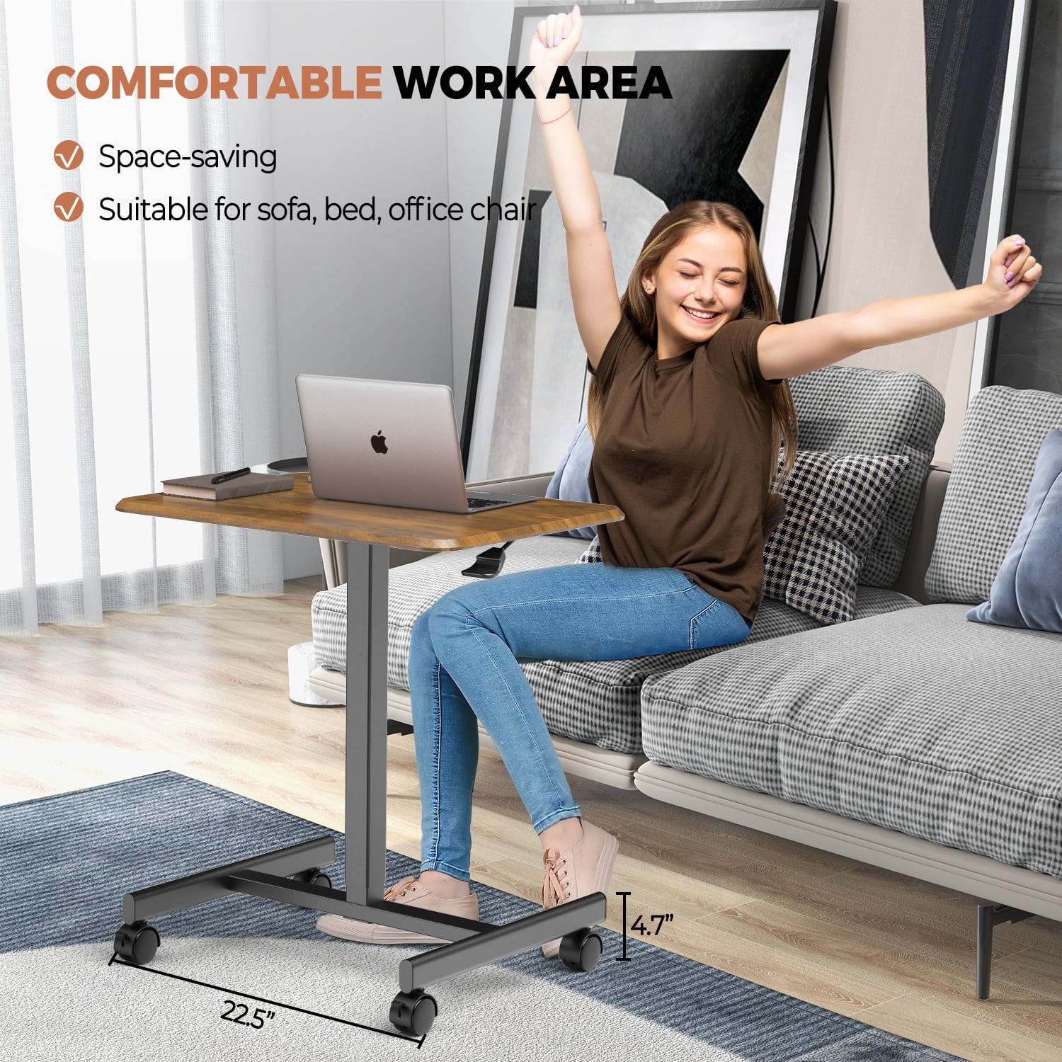 MAYEERTY Mobile Laptop Stand Rolling Desk with Adjustable Height for Home, Office, Brown