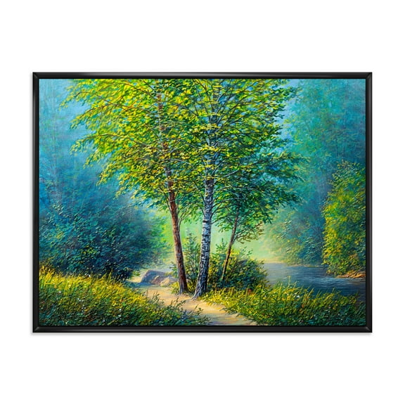 Designart 'Three Vibrant Green Trees By The River' Lake House Framed Canvas Wall Art Print