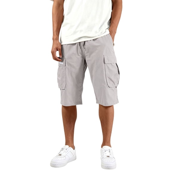 HKYNLAG Mens Cargo Shorts Knee Length Elastic Waist Drawstring Baggy Bermuda Shorts Hiking Travel Work Cargo Pants with Multi-Pockets White M