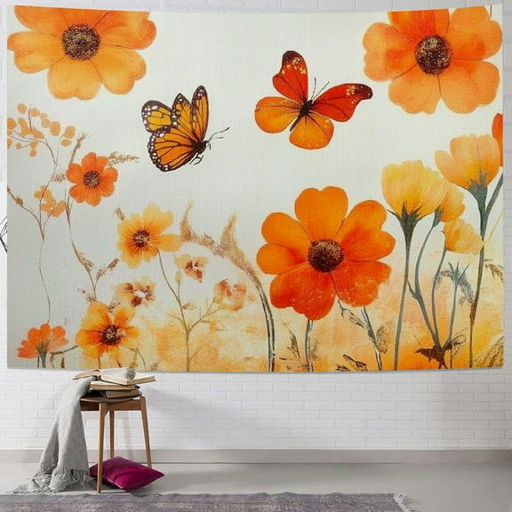 Patifu Flowers Butterflies Orange Tapestry Wall Hanging Unique Style Graphic Tapestries Home Wall Decor Art for Living Room Bedroom Apartment Farmhouse Dorm 40x30inch