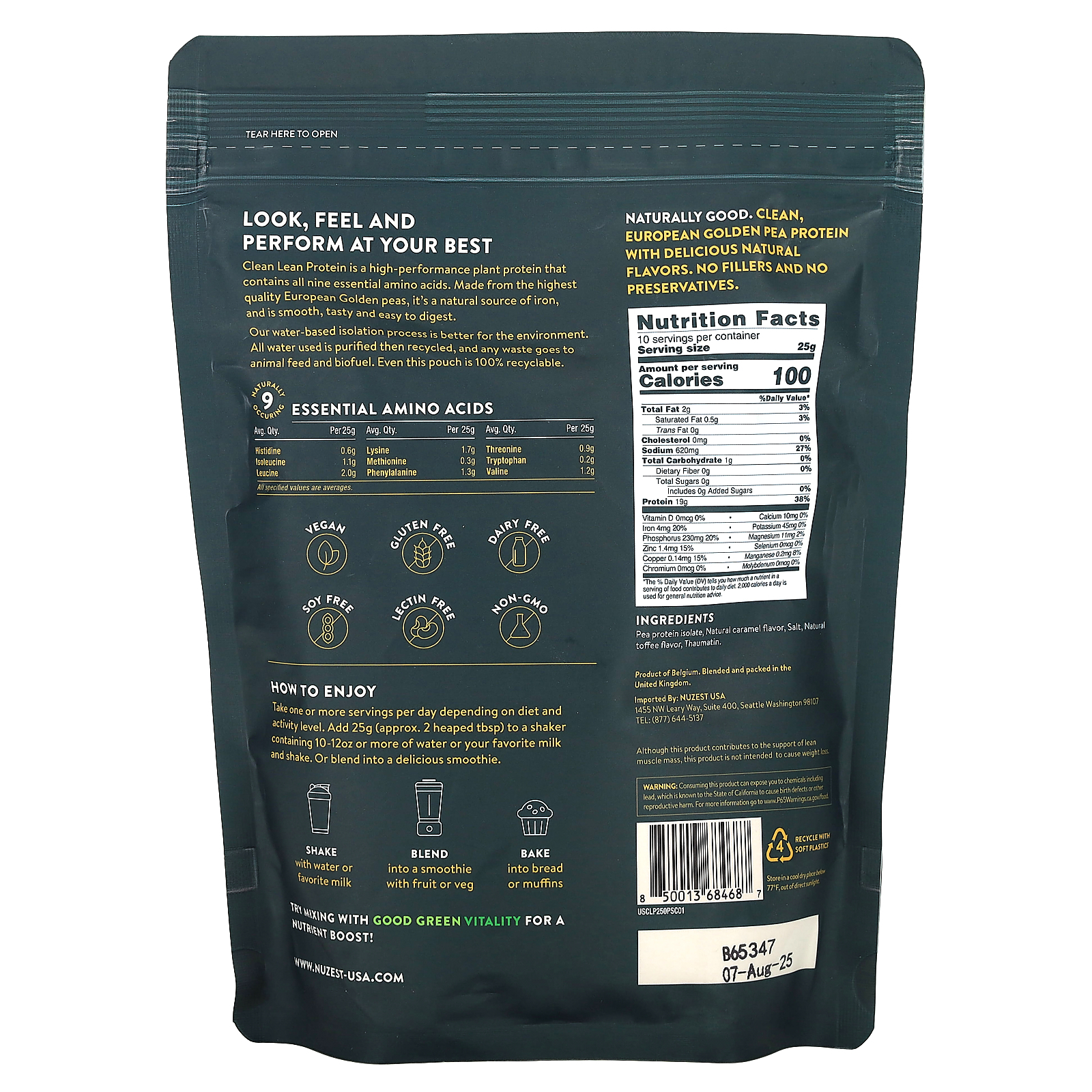 Nuzest - Pea Protein Powder - Clean Lean Protein, Premium Plant Based, Dairy Free, Gluten Free, GMO Free , Salted Caramel, 8.8 oz