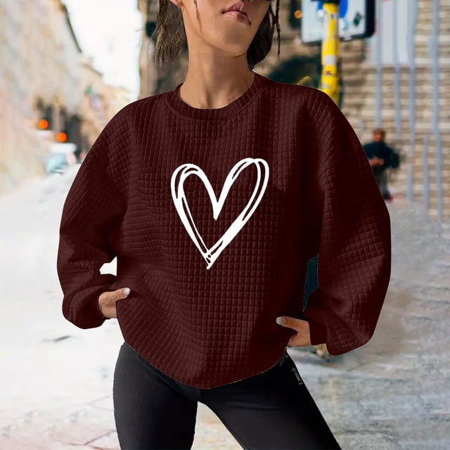 kkbbma Liquidation à Moins de 1$ Chandails en Molleton Imprimé Cœur pour Femmes Automne Décontracté Manches Longues Hauts Confortables Légers Col Rond Chandail