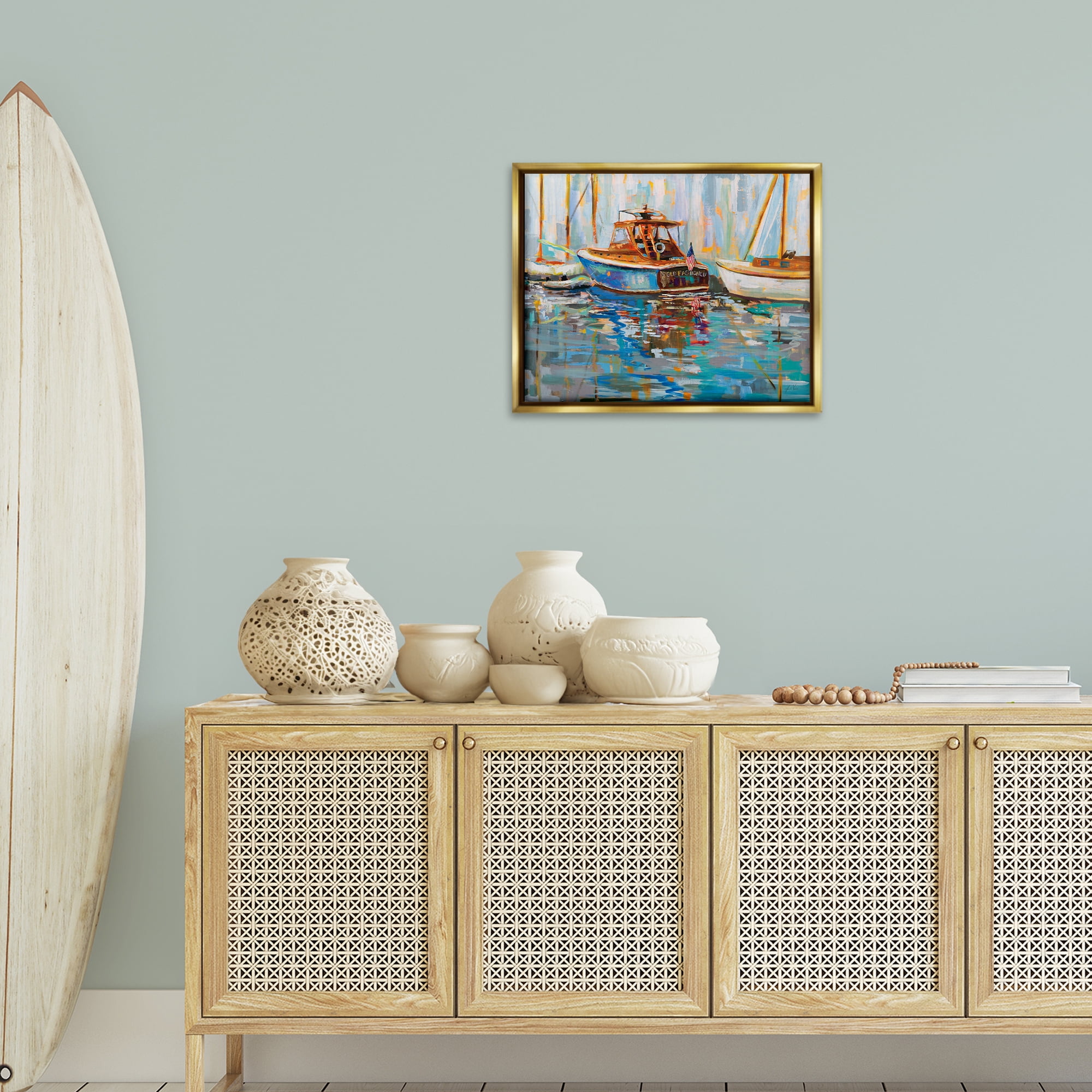 Stupell Industries Old Fashioned Boat Harbor Nautical & Beach Painting Gold Floater Framed Canvas Art Print Wall Art, 21 x 17