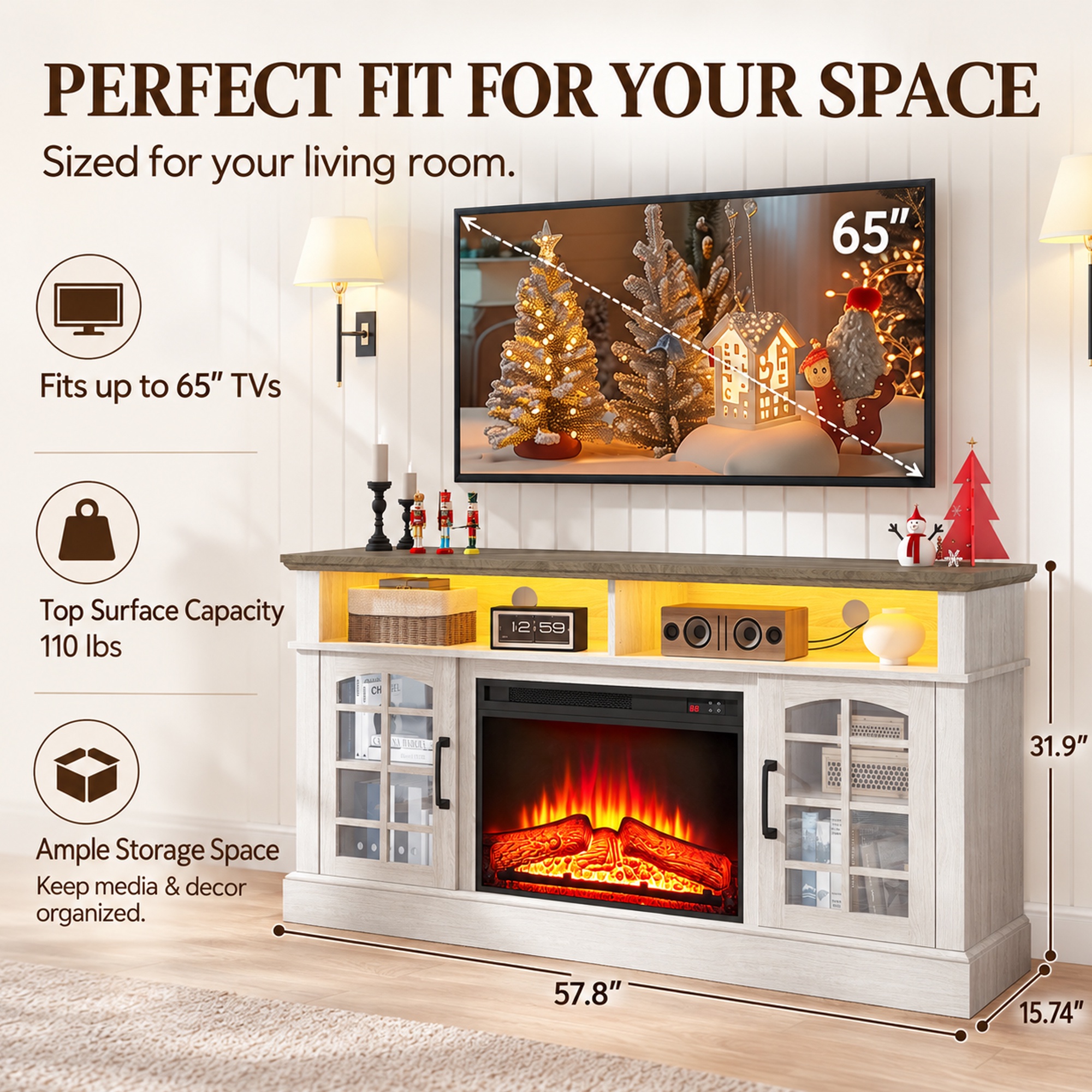 Paproos 65" Electric Fireplace TV Stand with LED Lights, Brown photo 5
