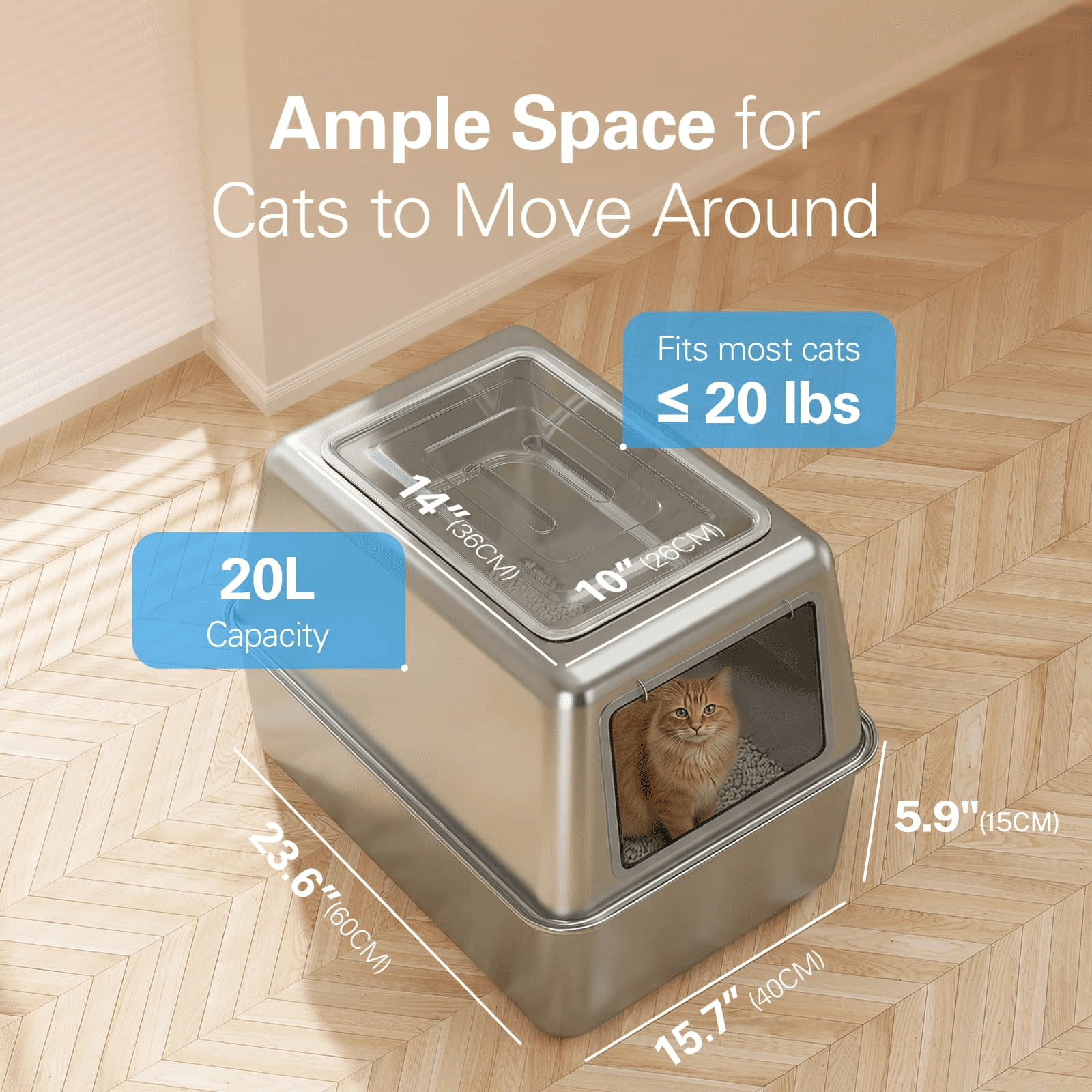 XL Stainless Steel Litter Box, Metal Cat Litter Box with Lid for Large Cats & Multiple Cats, Odor Control, Anti-Leak & Easy Clean, Rectangle Lid