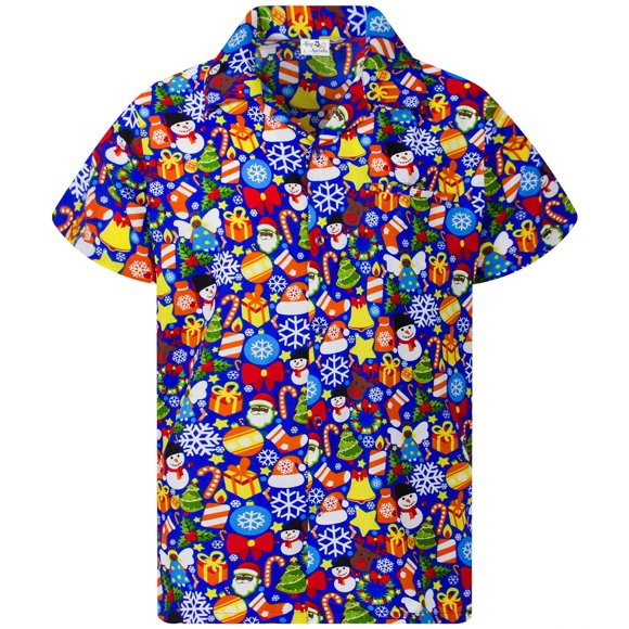 KING KAMEHA Chemises à Manches Courtes pour Hommes Noël Père Noël Fête Bureau, Noël-Allover, Indigo-Bleu, 4TG