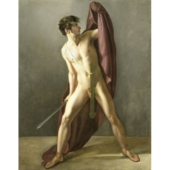 Warrior With Drawn Sword, Joannes Echarius Carolus Alberti, 1808, Dutch Painting, Oil On Canvas. Nude Warrior With Sword Drawn (Bsloc_2016_2_202) Poster Print (18 x 24)