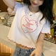 thumbnail image 4 of Letra de impresión gráfica corta Camiseta mujer casual moda manga corta cuello redondo superior para fiesta, 4 of 8