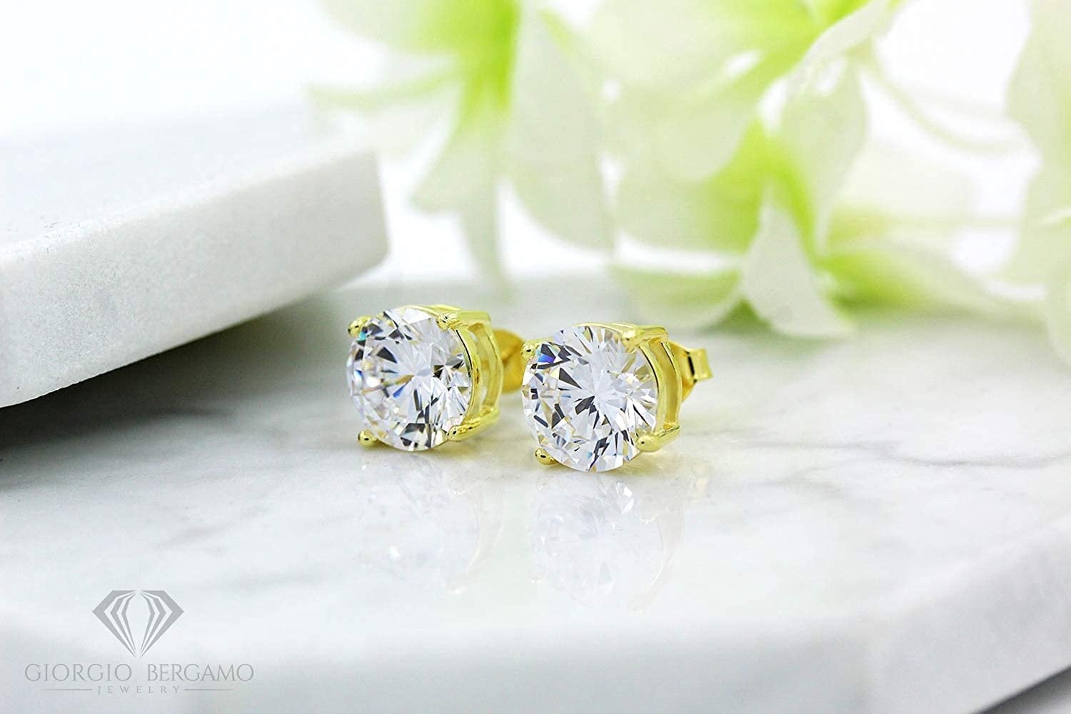925 Sterling Silver 3mm - 10mm Round Cut Yellow Gold Plated Unisex Classic Clear Cubic Zirconia CZ Stud Earrings, Giorgio Bergamo 10mm
