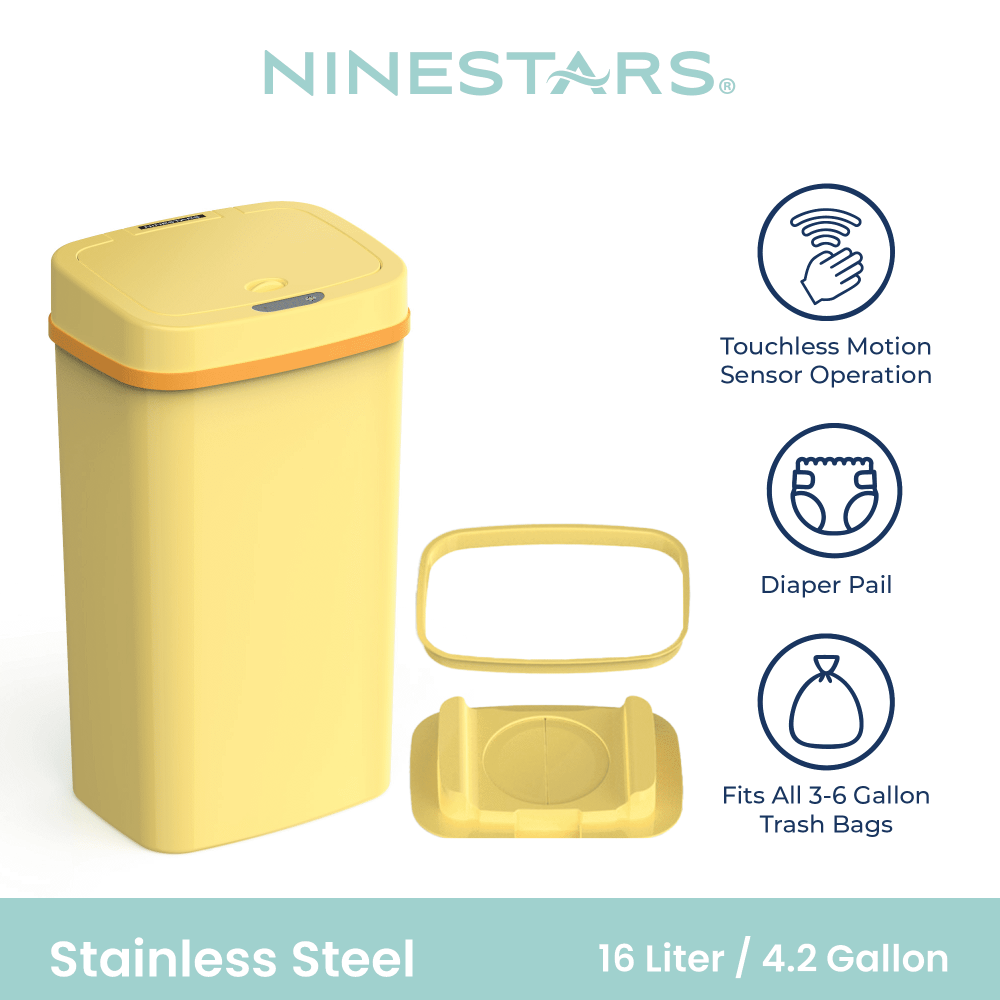 Nine Stars Automatic Nursery Trash Can, 4 Gallon Plastic, Motion Sensor Hands-Free Soft-Close Lid Garbage Bin, Yellow