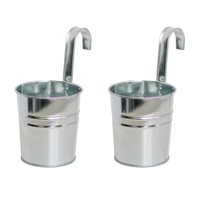 2PCS Hanging Flower Pots With Hook,Metal Iron Bucket Plant Pot for Railing Fence Balcony Garden,Silver