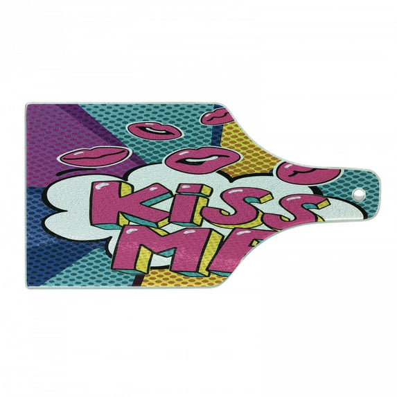 Kiss Cutting Board, Kiss Me Word Bubble in Pop Art Style Retro Colorful Dotted Backdrop with Pink Lips, Tempered Glass Cutting and Serving Board, Wine Bottle Shape, Multicolor, by Ambesonne