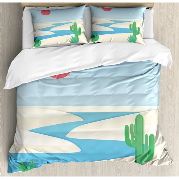 Oasis Duvet Cover Set Queen Size, Desert Safari Landscape Cactus Plantation Exploration in Summertime, Decorative 3 Piece Bedding Set with 2 Pillow Shams, Pale Blue and Multicolor, by Ambesonne