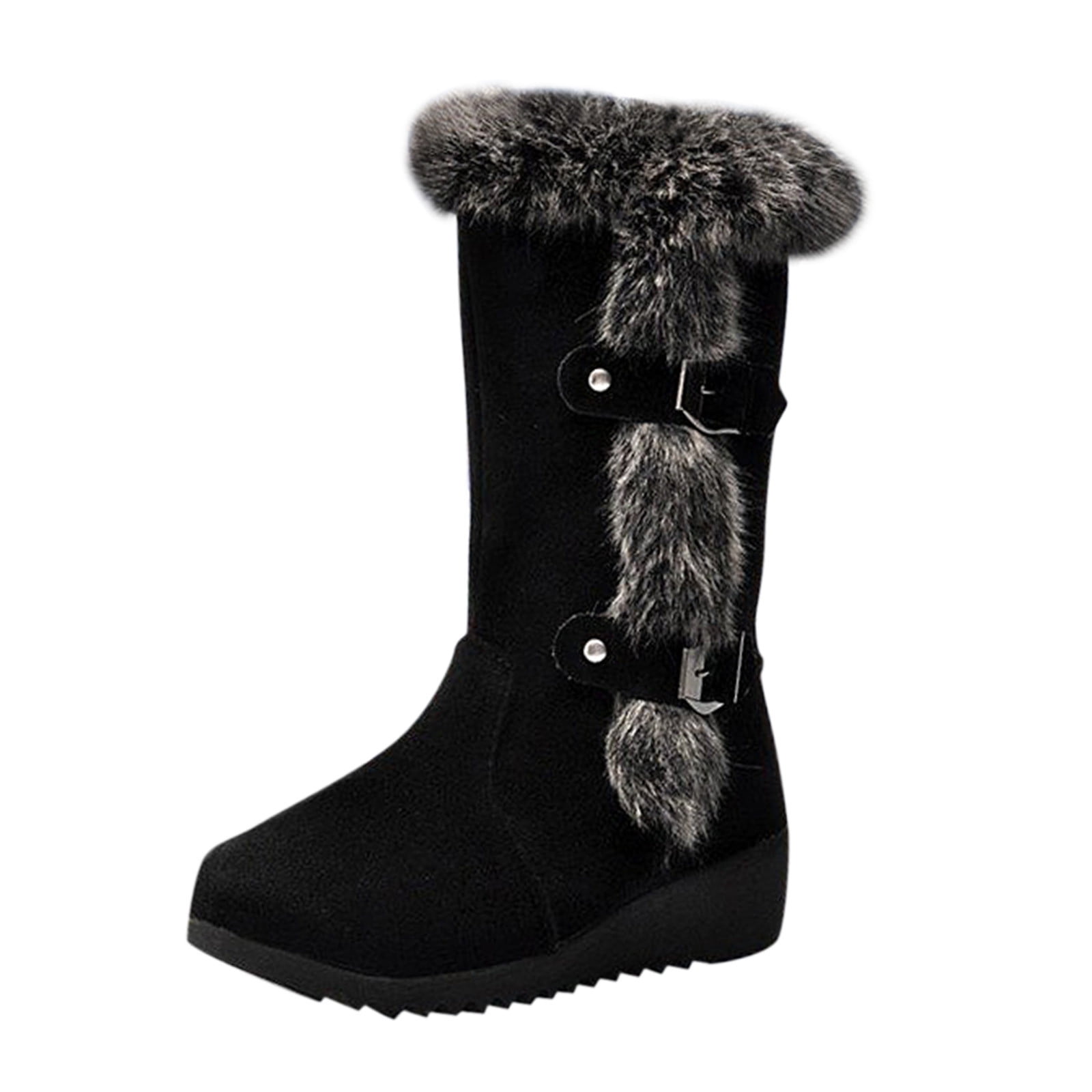 GWAABD Wide Calf Heel Boots Furry Warm Women's Plus Cotton Boots Heel ...