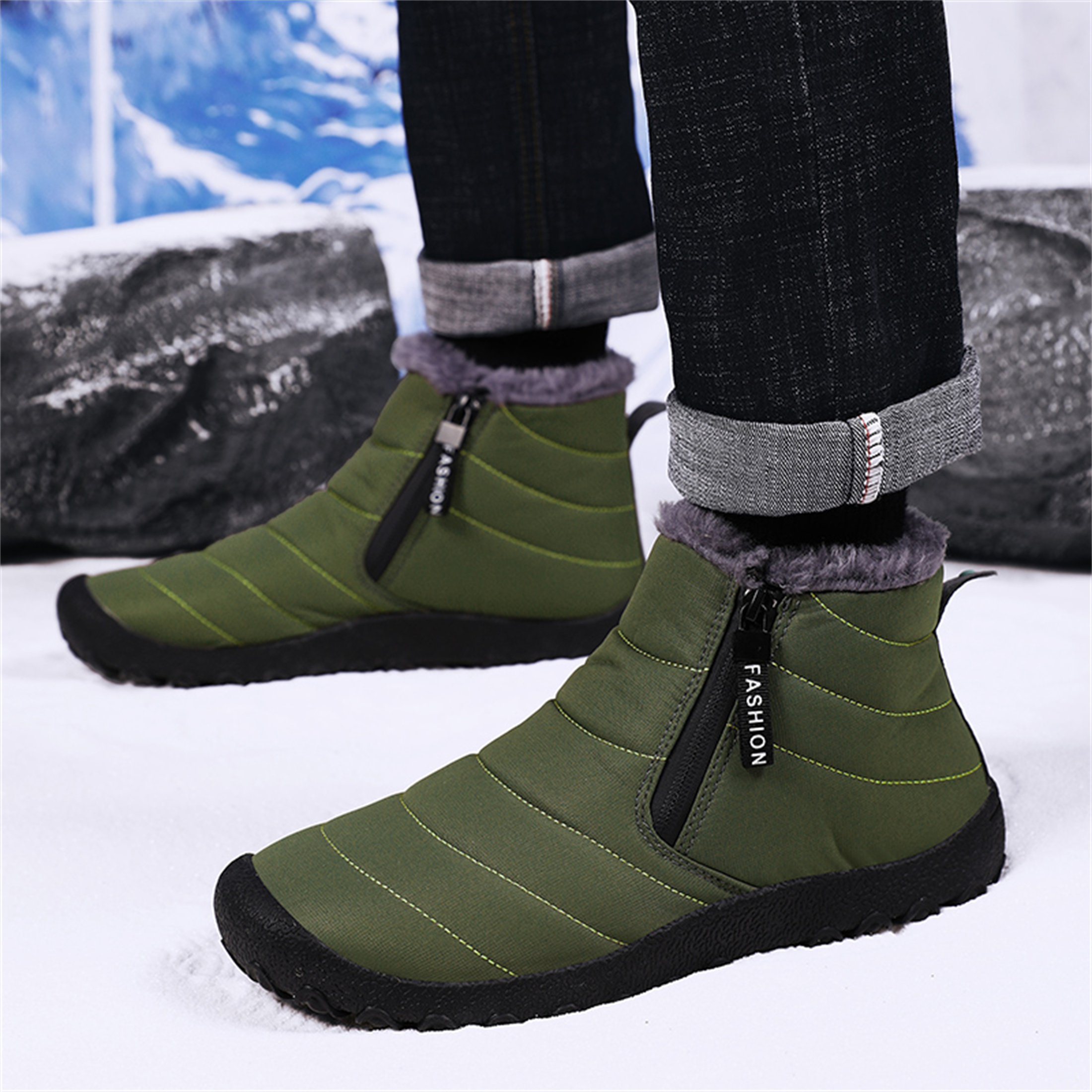 LASUDRAA Mens Barefoot Winter Boots Water-Resistant Slip-Resistant Hiking Snow Shoes Lightweight Warm Ankle-High Boots, Wide Toe Box,Trails & Everyday Wear