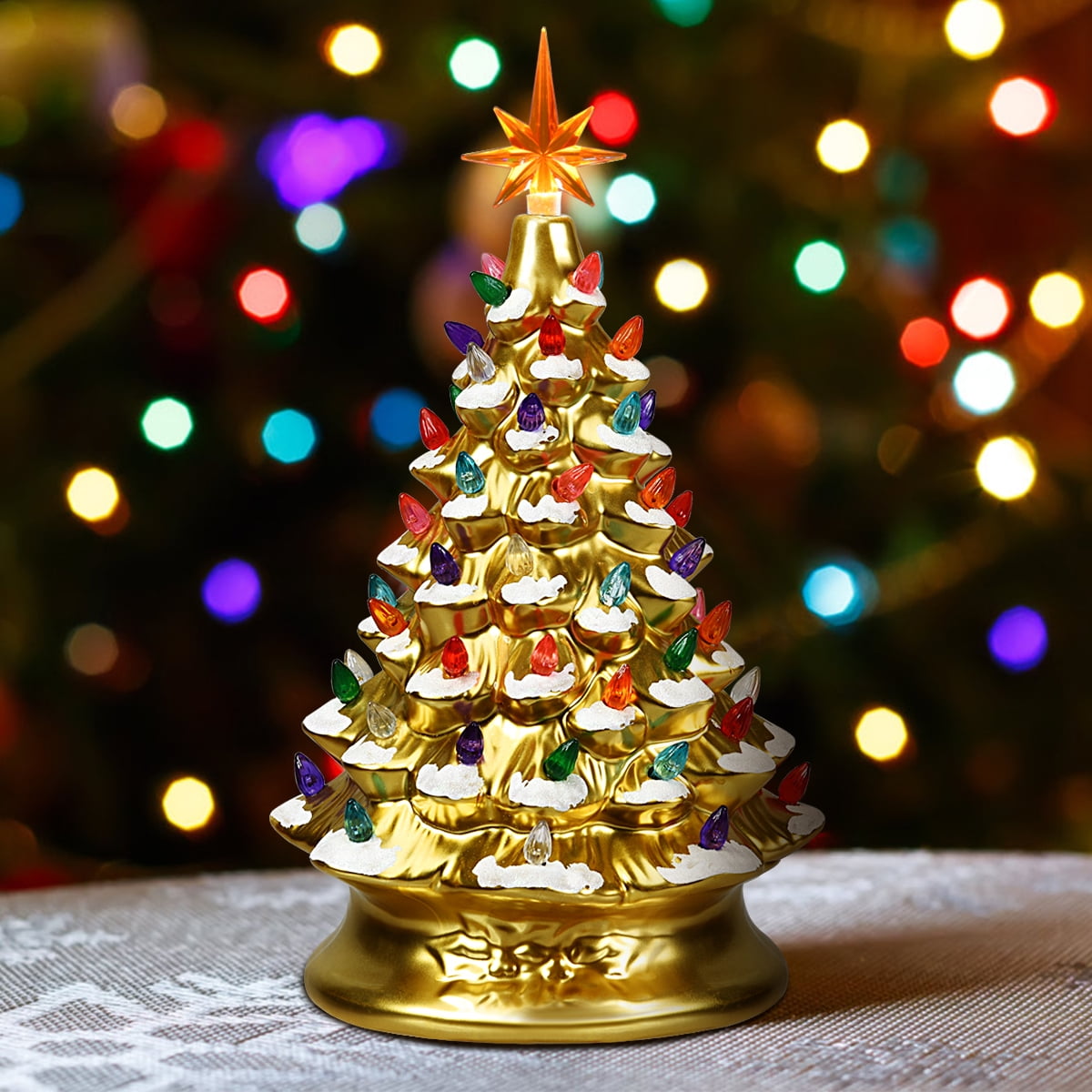 Gymax 15 Inch Artificial Christmas Tree Tabletop Luminous Ceramic Tree Gold