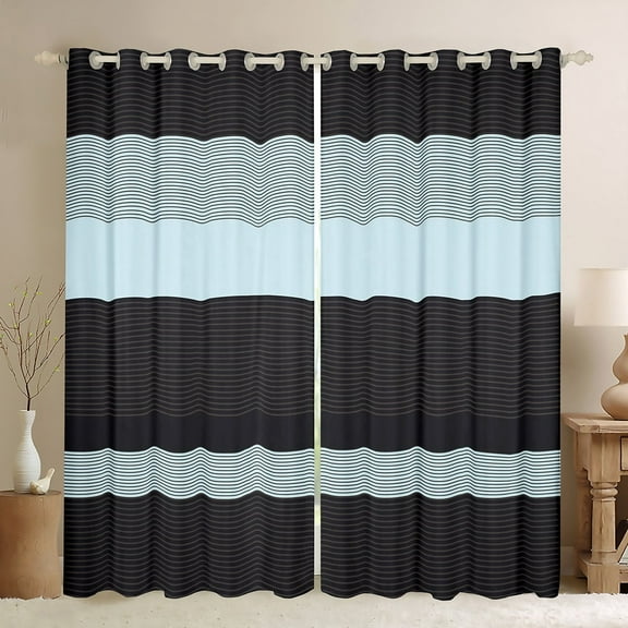 Erosebridal Geometric Stripes Curtains Pack of 2 (42Wx63L),Black Blue Black Out Curtains,Abstract Artwork Curtains for Living Room,Lines Room Decoration