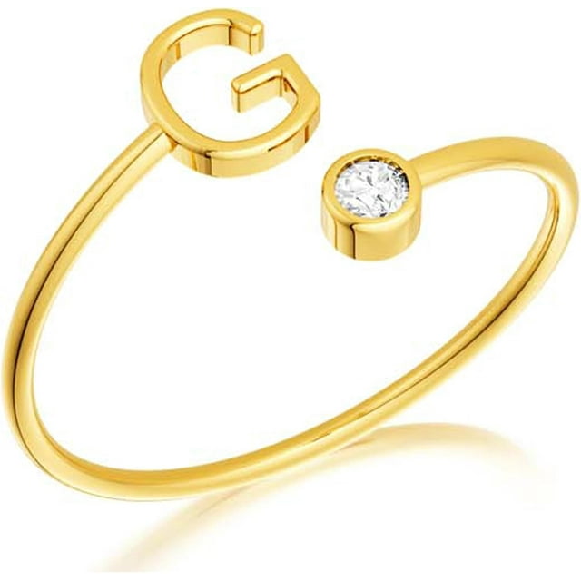 shiyou-Gold Initial Ring with Diamond for Women, Dainty & Simple 14k Adjustable Letter Rings for Womens, Non Tarnish Unique Stackable Gold Plated Open Ring for Pinky and Thumb Finger, Size 5 6 7 8 9