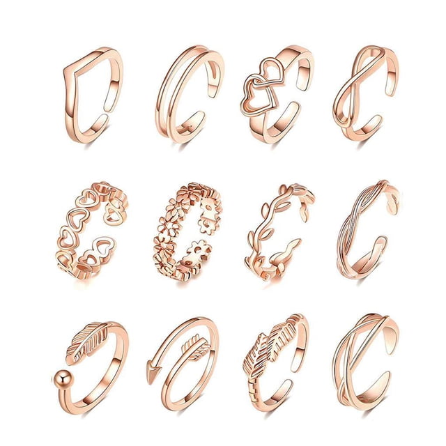 12PCS Adjustable Flower Toe Rings for Women Open Tail Ring Jewelry Kit