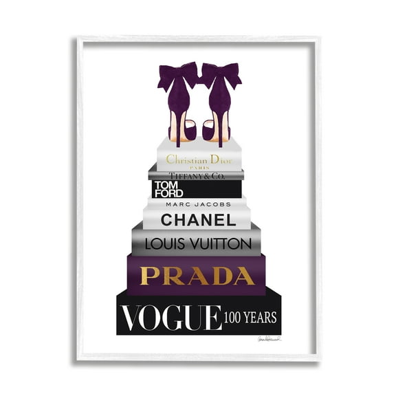 Stupell Industries Fashion Designer Shoes Bookstack Purple Gold Watercolor White Framed Art Print Wall Art, 24x30, by Amanda Greenwood