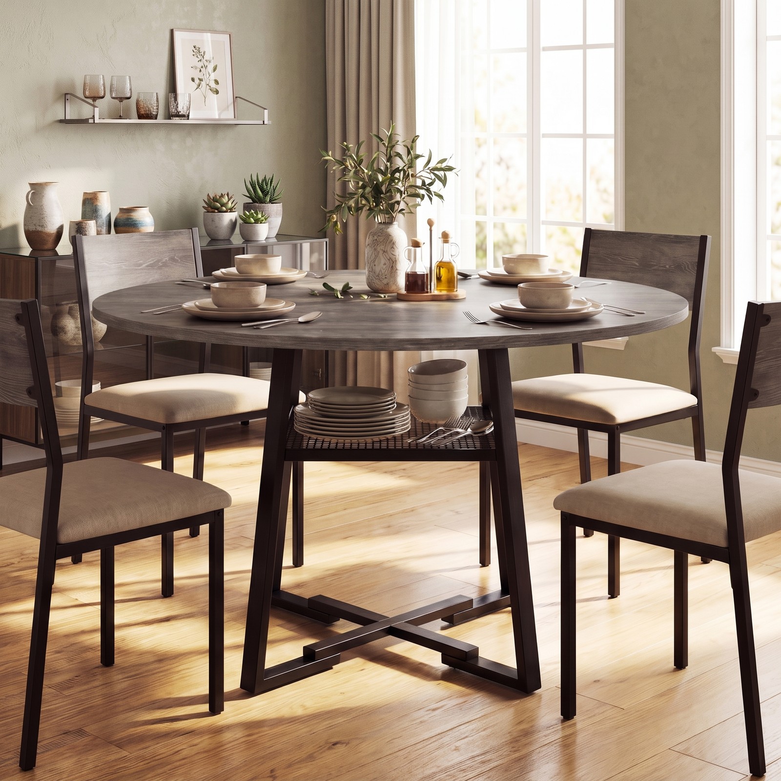Furnibear 47.5" Round Dining Table for 4-6 with Storage Shelf, Metal Legs and MDF Tabletop, Kitchen Dinette Table with Rubber Wood Crossbars for Home Apartment, Gray