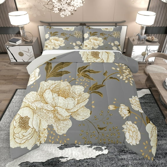 Manfei Retro Rustic Flower Bedding Comforter Set,Natural Plant Twin Comforter Sets,Beige Gray Bedding Set For Girls Boys,Super Cozy Room Decor Reversible,2-Piece