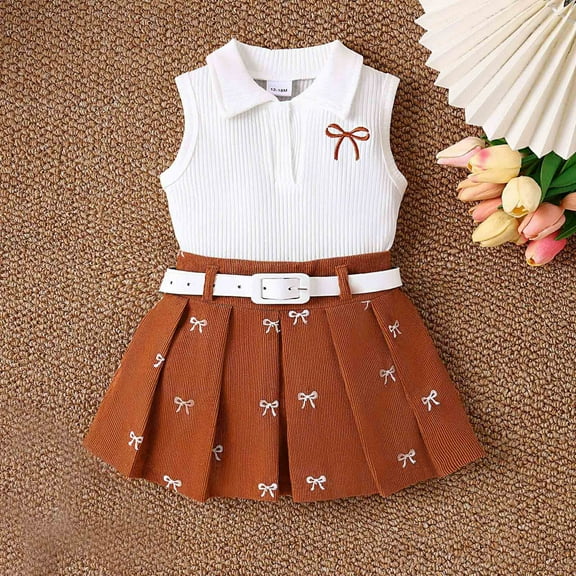 Placlothes Adorable Floral Cotton Two Piece Set for Little Girls Cute Tank Tops and Skirt Outfits with Bow Summer Fall Birthday Kids Coffee Size 4T