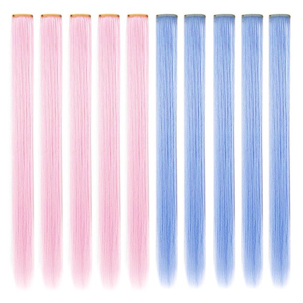 FYHTSD 10 piezas de clip de extensión de cabello de color azul claro y rosa claro en postizos coloridos, resaltado de fiesta de princesa, múltiples piezas de peluca para adolescentes/niñas/mujeres
