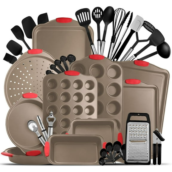 EatEx Kitchen Brown Utensil Set 24 Nylon Stainless Steel Utensil Set & Black 15 Piece Bakeware Set