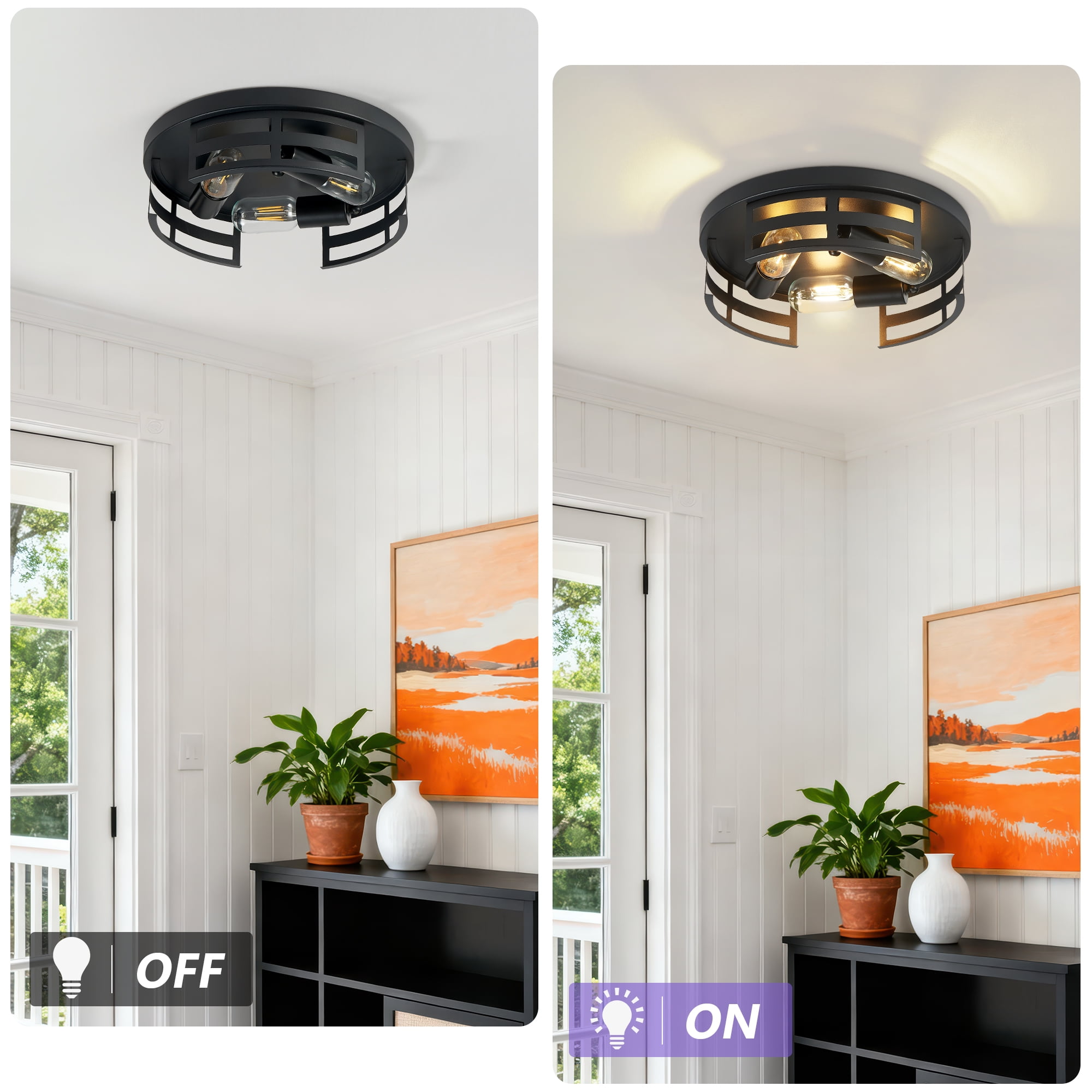 GCGAFUL 12.5 inch 3-Light Vintage Farmhouse Flush Mount Ceiling Light, 2-Pack Matte Black Ceiling Lighting for Kitchen, Hallway, Bedroom