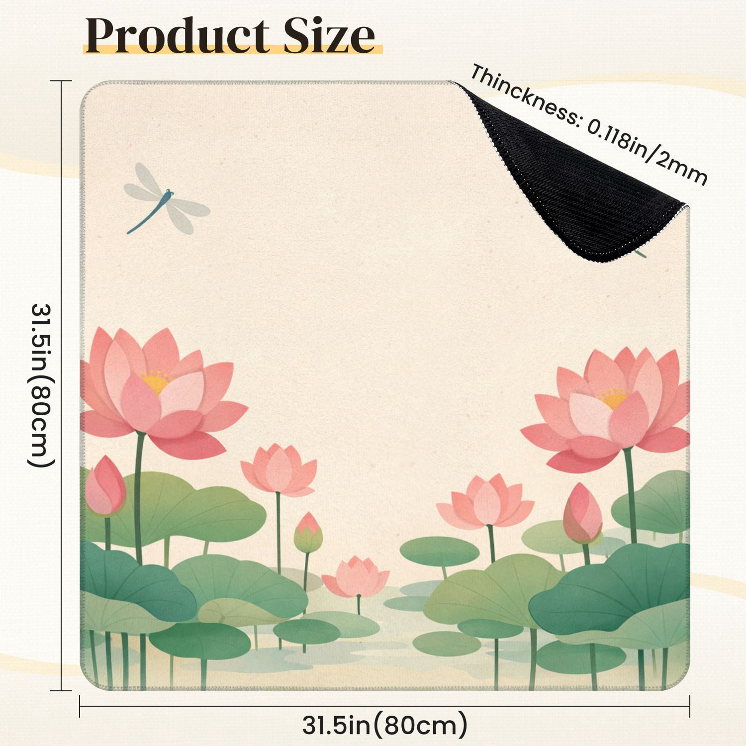 Mahjong Mat 31.5" x 31.5" Serene Lotus Pond Pink Flowers Dragonflies Soft Pastel Colors Non-Slip Noise Reduction Mahjong Tiles Table Cover for Dominoes Poker Card Board and Tile Games