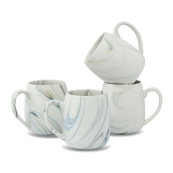 Lorren Home Trends Marble Swirl Pattern Stoneware Coffee Mugs, Matte Blue and Brown Swirls, Set of 4
