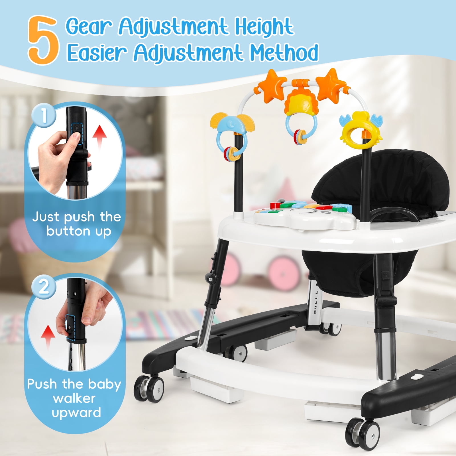 XIOYIG 5 in 1 Baby Walker, Music and Lights Walker for Baby Boy Girls 6-18 Months, Foldable Baby Walkers with Wheels and Bouncer Combo Portable, Toddler Infant Walker with Adjustable Height,Black