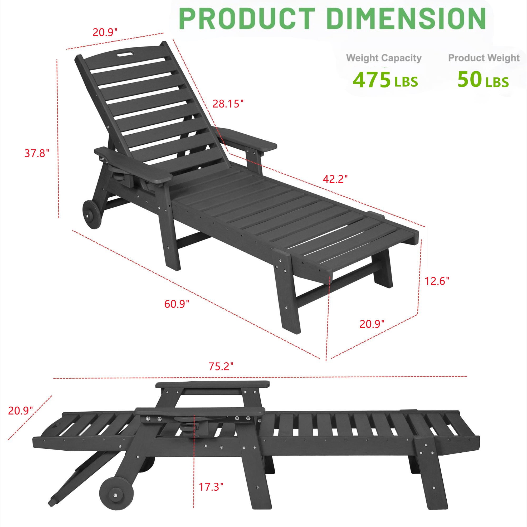 Aukfa 75" HDPE Outdoor Patio Chaise Lounge Chair with Cup Holder&Wheels, Adjustable Backrest, Black