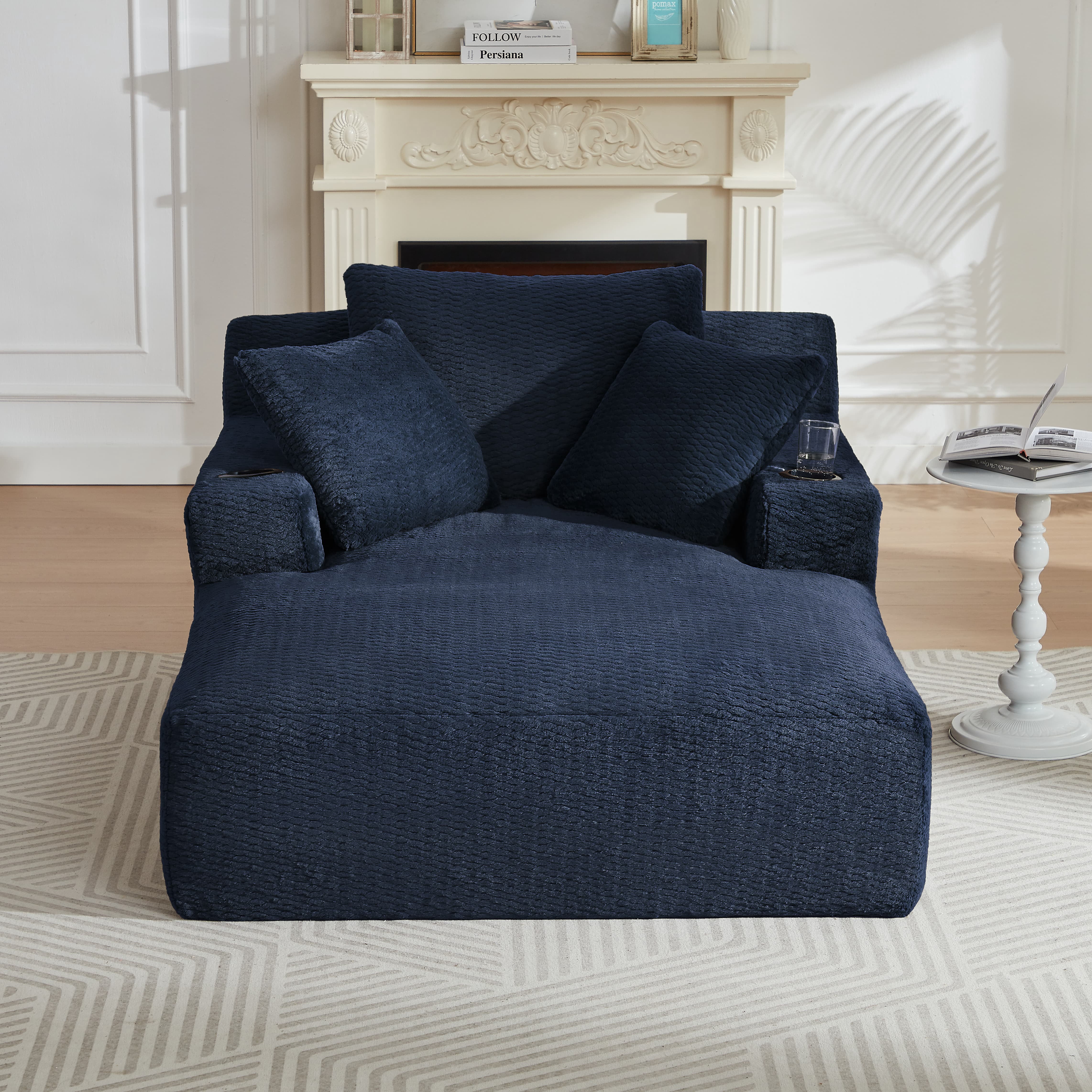MAYEERTY Oversized Plush Chaise Lounge Sofa, Modern Comfy Sleeper with Cup Holders for Living Room, 49*66*28"Dark Blue