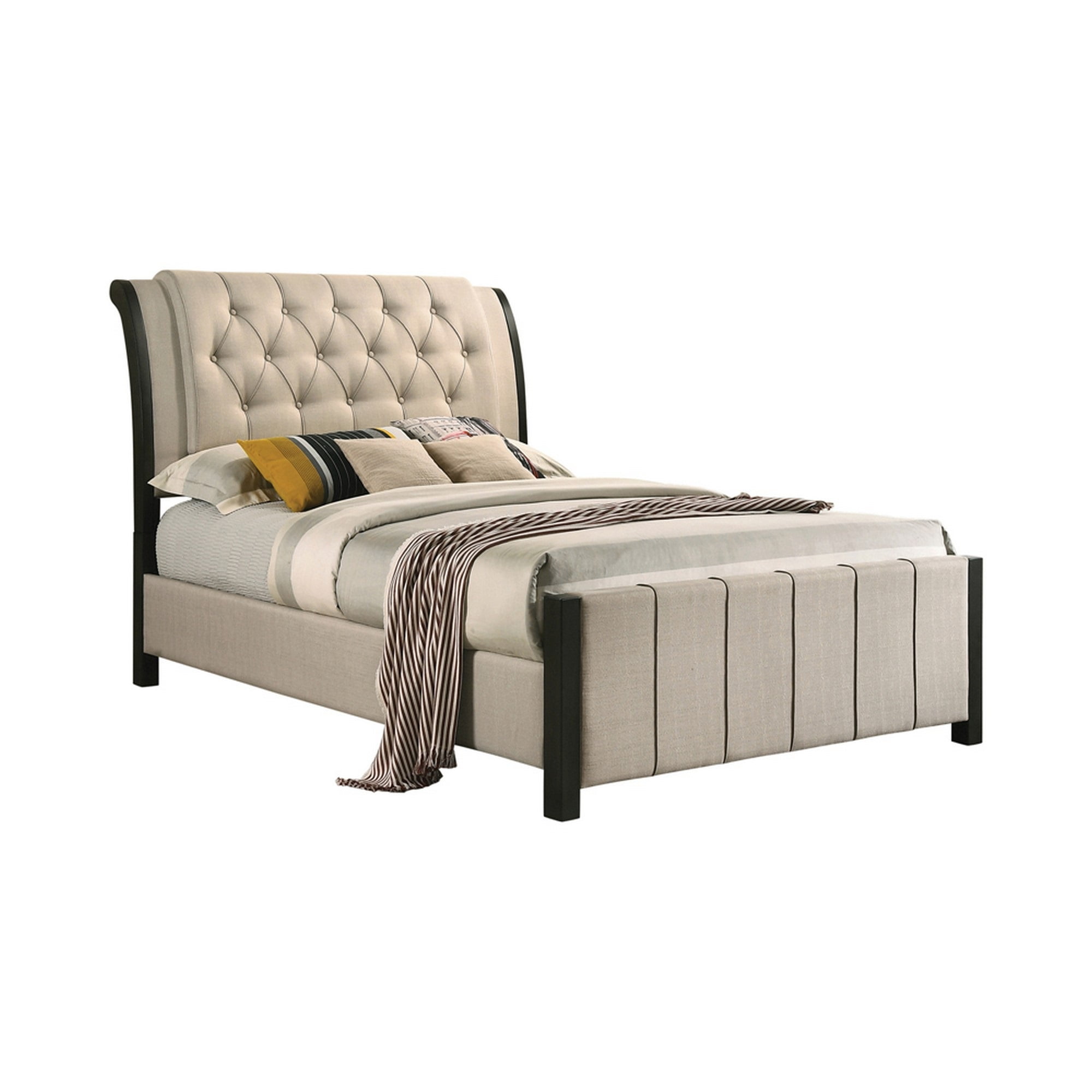 Fabric Upholstered Queen Bed with Button Tufted Sleigh ...