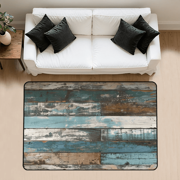 CURLYOOT Farmhouse Blue Wooden Area Rug 3x5 Ft Rugs for Entryway Entrance Kitchen, Washable Non Slip Indoor Floor Carpet for Bedroom Living Room