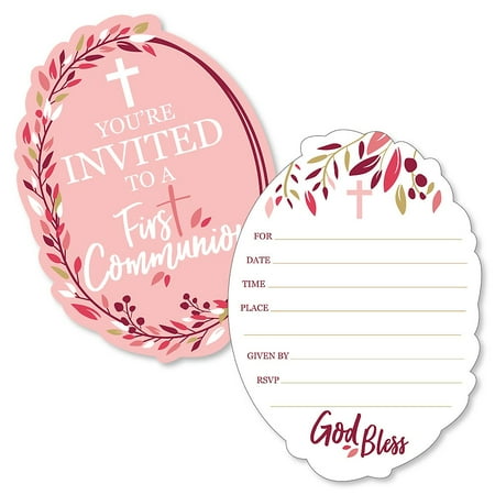 - First Communion Pink Elegant Cross - Shaped Fill-in Invitations - Girl Religious Party Invitation Cards with Envelopes - Set of 12